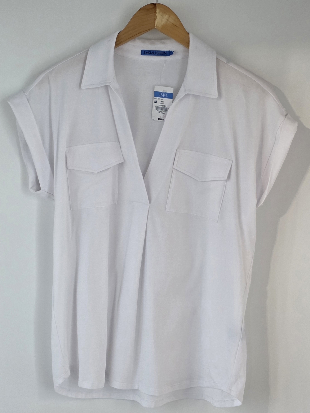 J.McLaughlin Luca Blouse White VNeck Short Sleeve Flap Front Pockets Size Medium